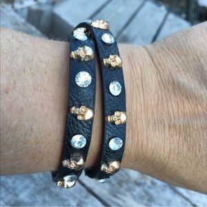 - Skull & Rhinestone Double Wrap Black Leather Cuff! NEW!